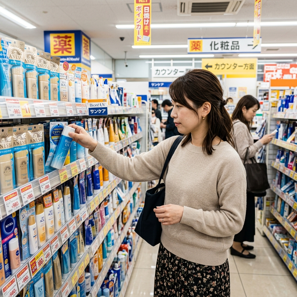 ドラッグストアで日焼け止めを選ぶ日本人女性