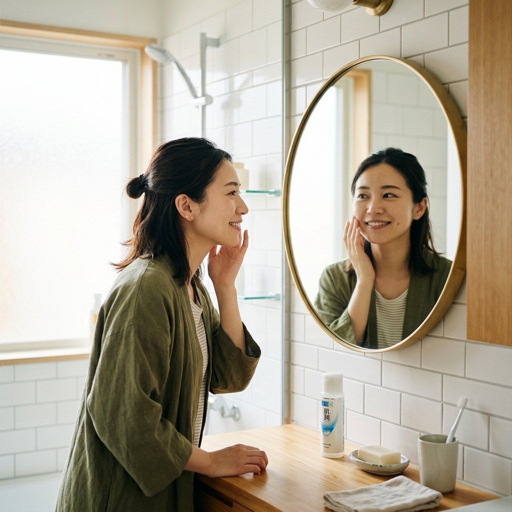 鏡で肌をチェックしている日本人女性