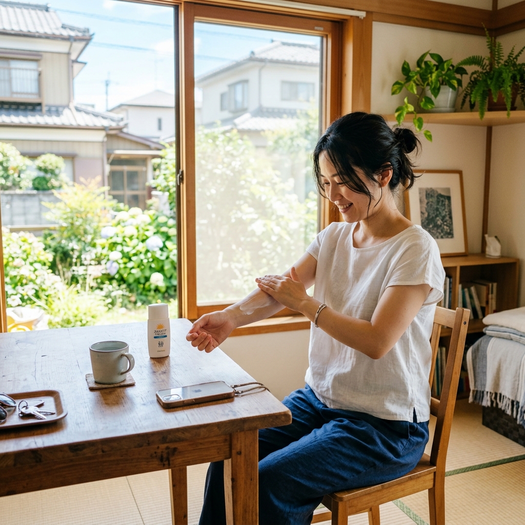 腕に日焼け止めを塗っている日本人女性