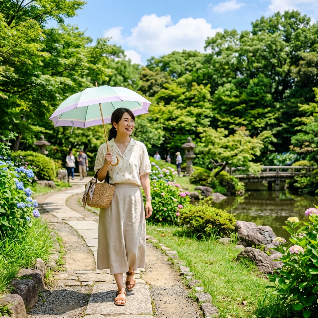 公園で日傘をさして歩く日本人女性