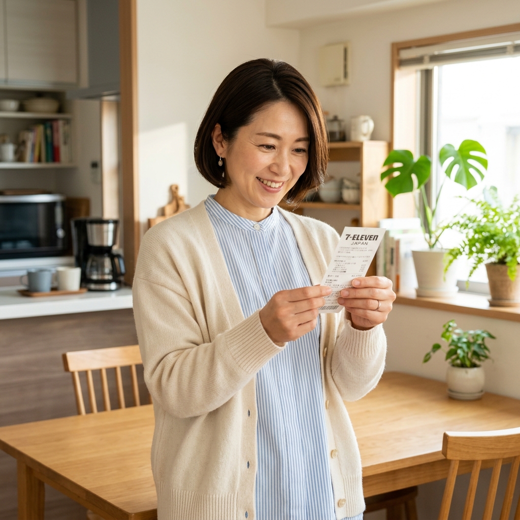 レシートを見て驚く女性
