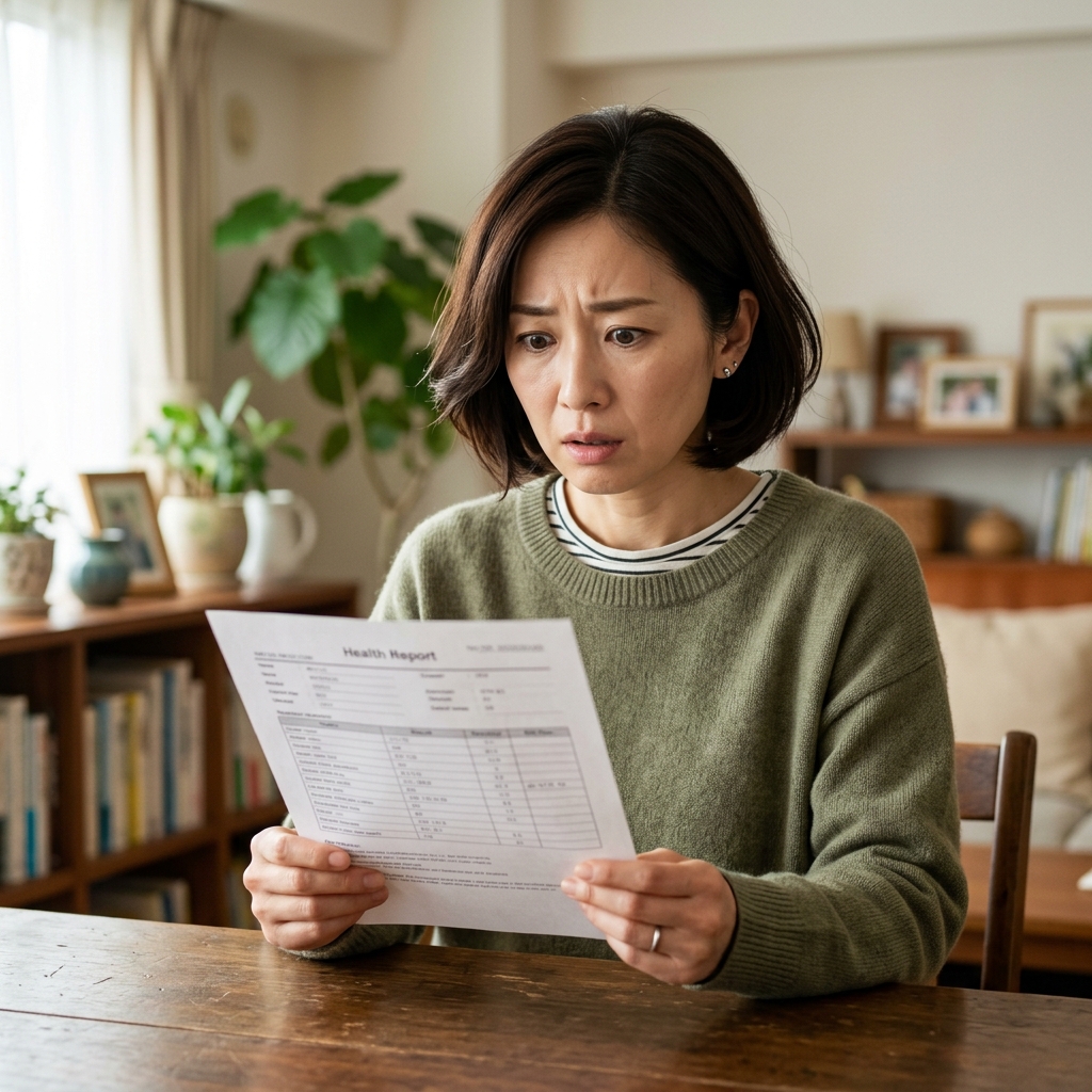 健診結果を見てショックを受ける女性