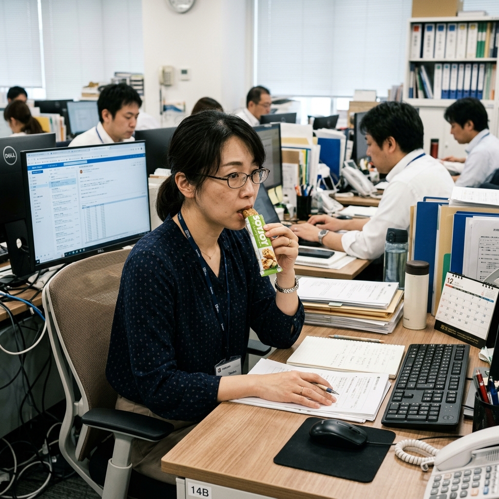 デスクでプロテインバーを持つ女性