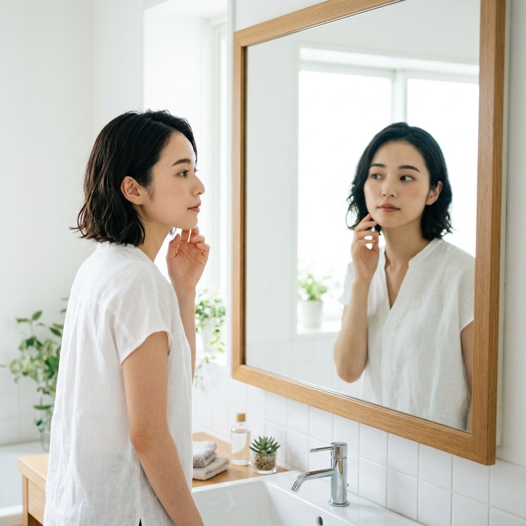 鏡を見つめながら肌の状態をチェックする女性
