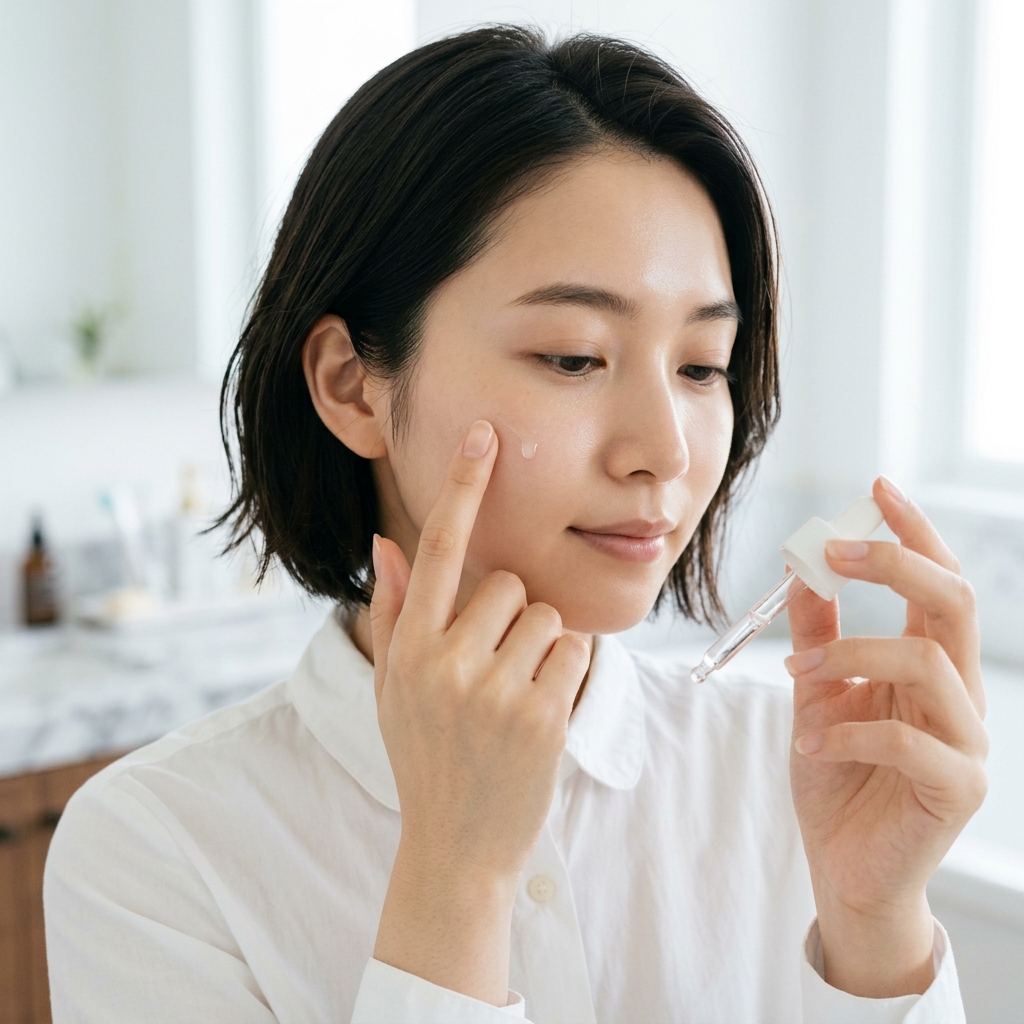 手に透明な美容液を出し、頬になじませる様子