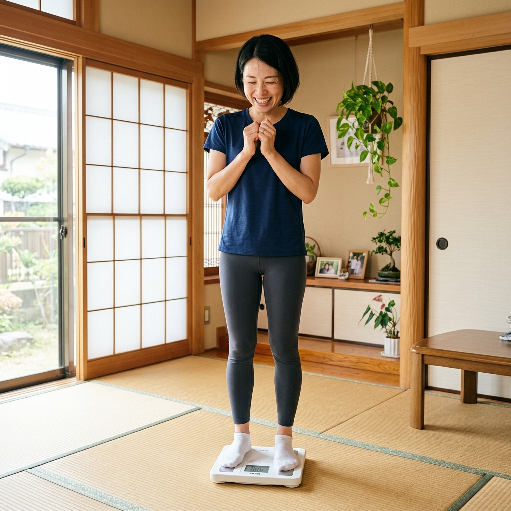体重計に乗る健康的な女性