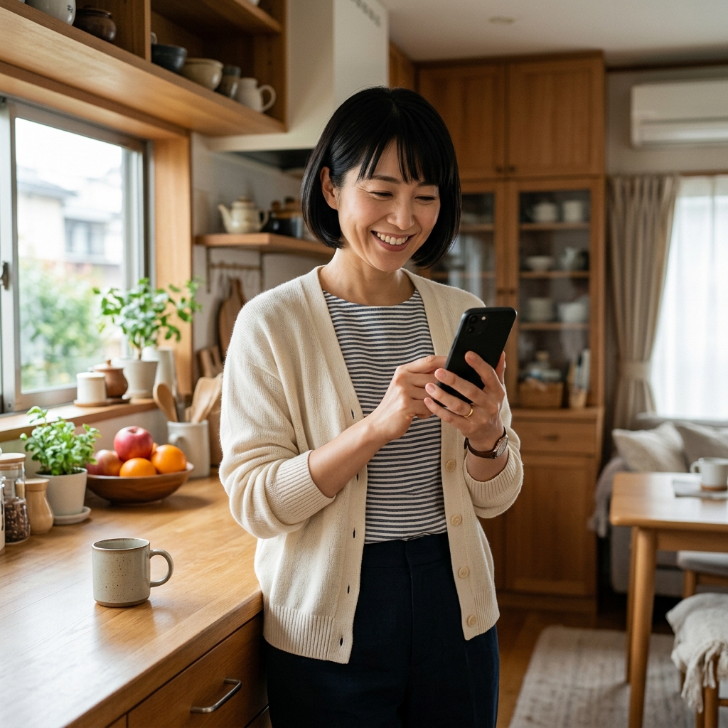 スマホで記録を見る女性