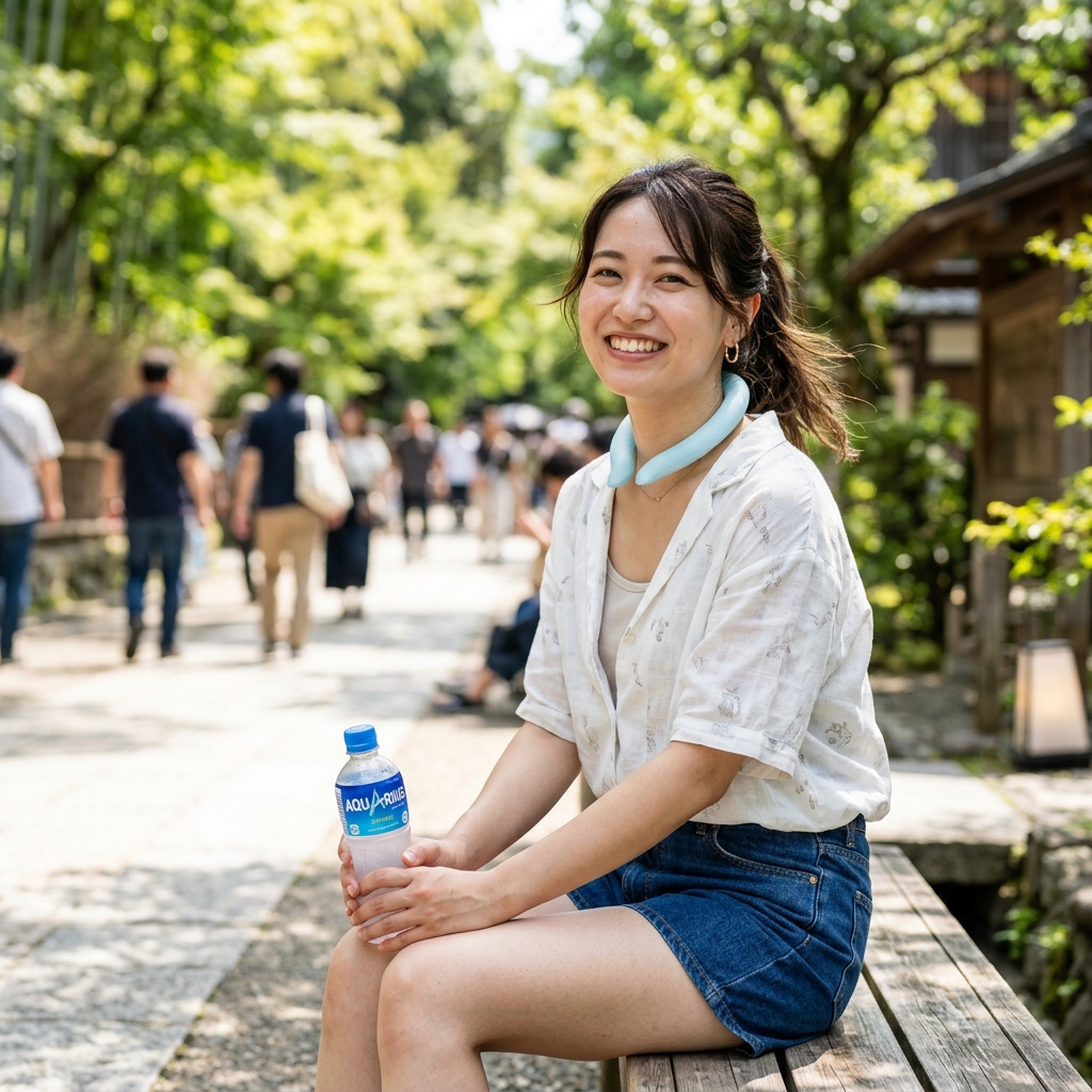 ライトブルーのクールリングをつけて涼む女性