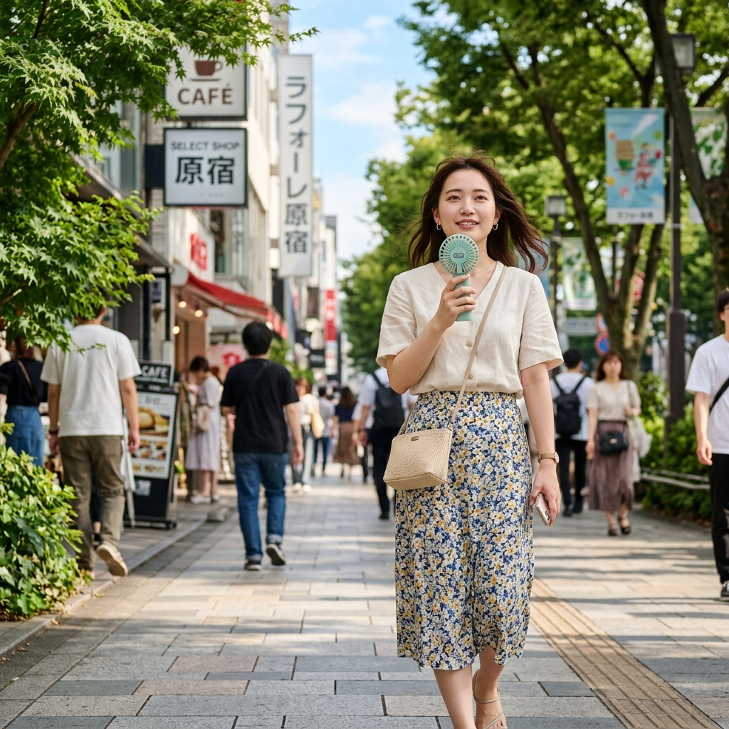 屋外でコンパクトなハンディファンを使う女性