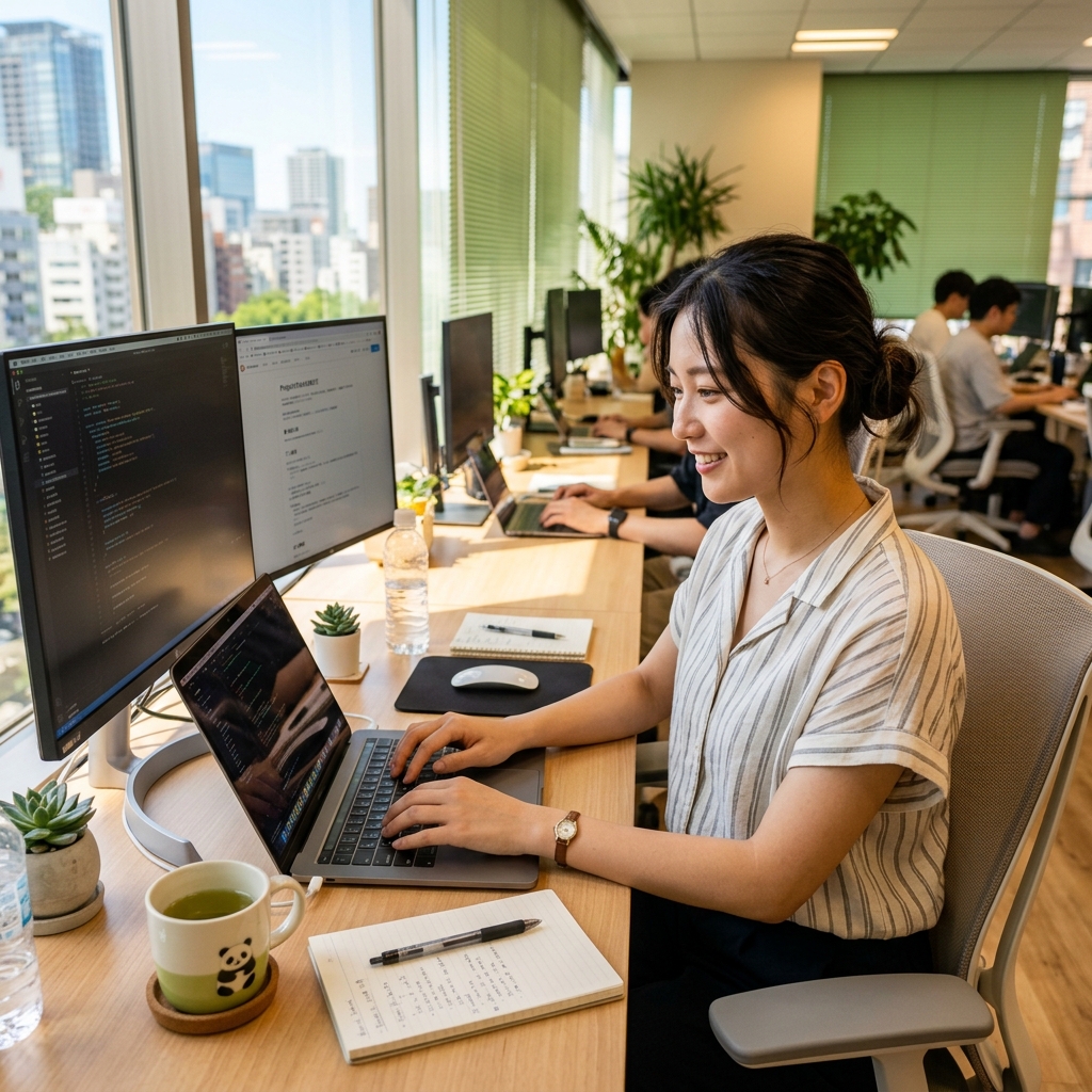 涼しげな表情で快適にオフィスで働く女性