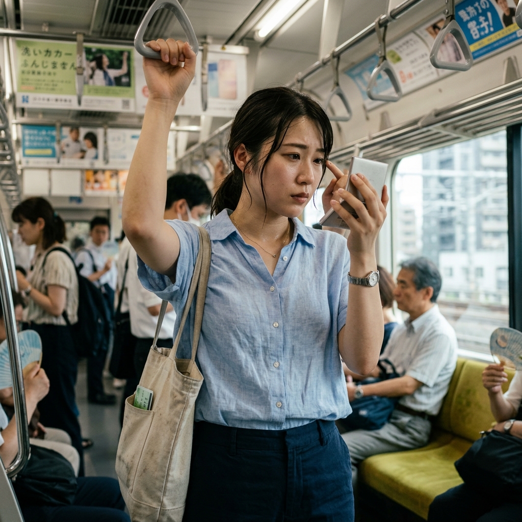 通勤中に汗をかいてメイク崩れを気にする女性