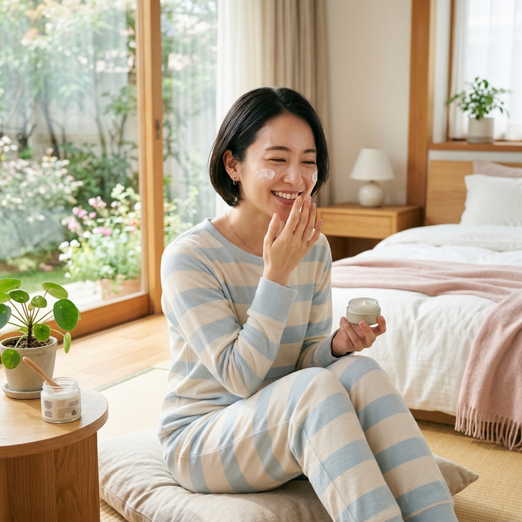 部屋着でスキンケアをする20代女性