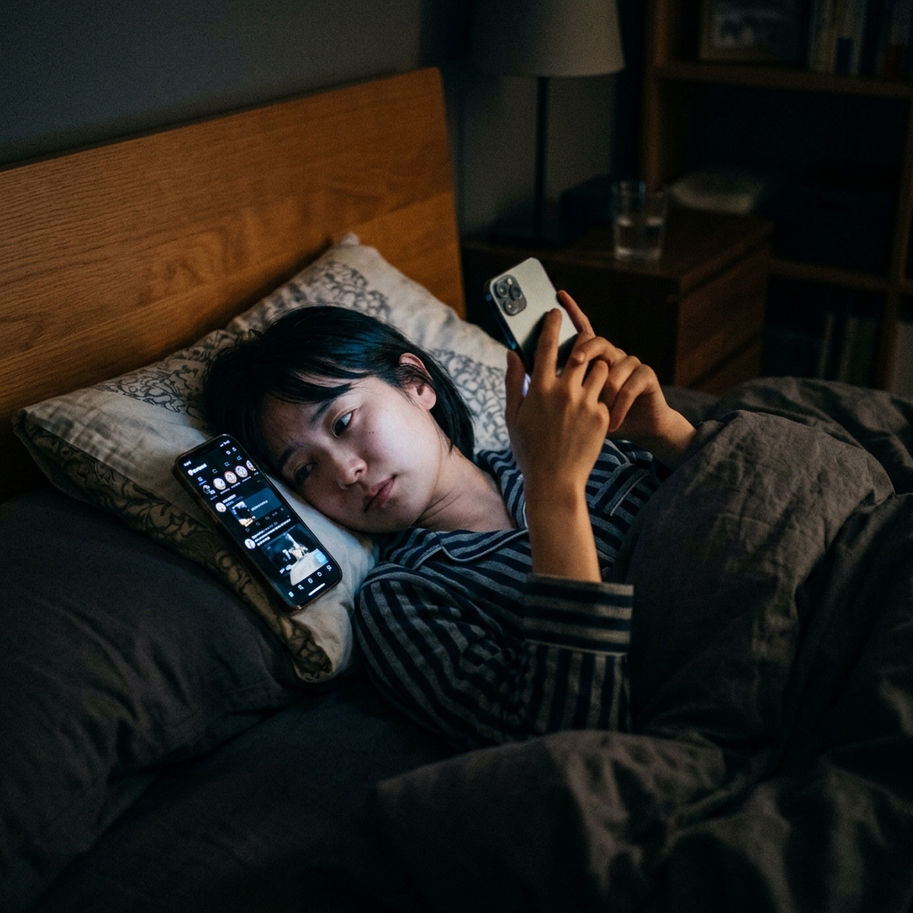 暗い部屋でスマホを見る女性