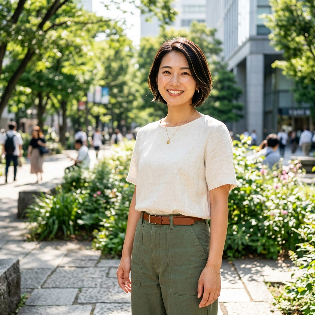 太陽の下で笑顔を見せる女性