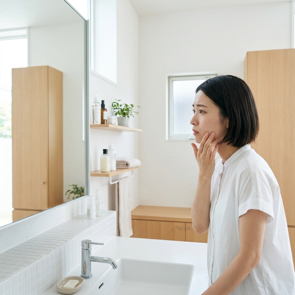 鏡を見て肌の変化を気にする20代女性