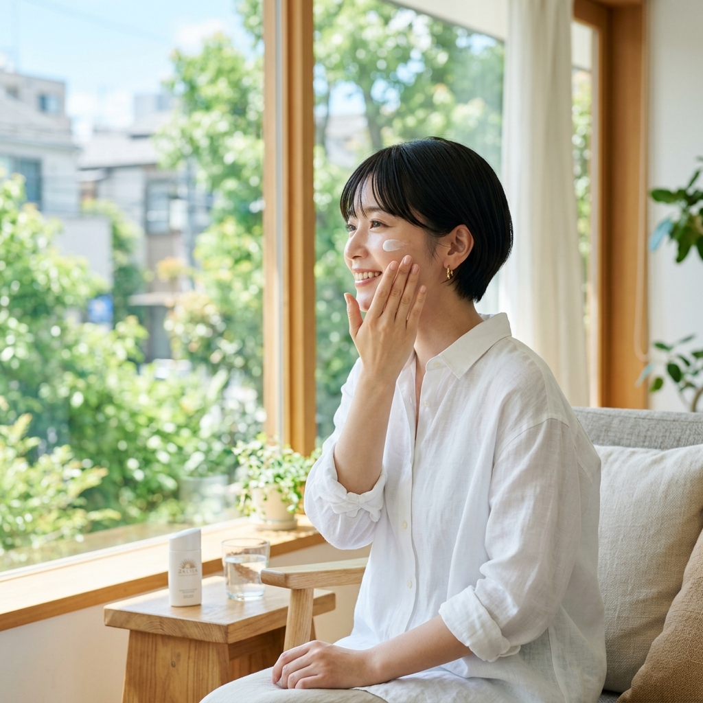 窓際で日焼け止めを塗る女性