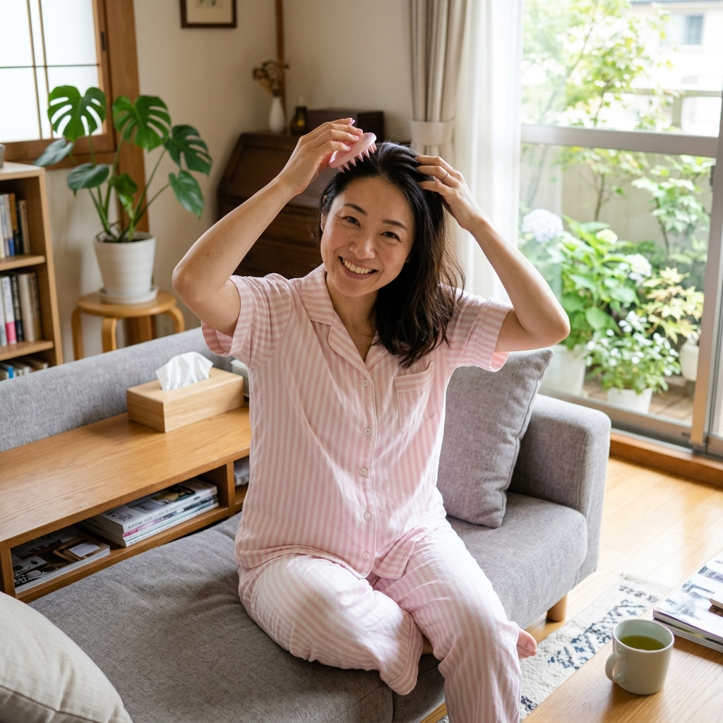 頭皮用ブラシを使う女性
