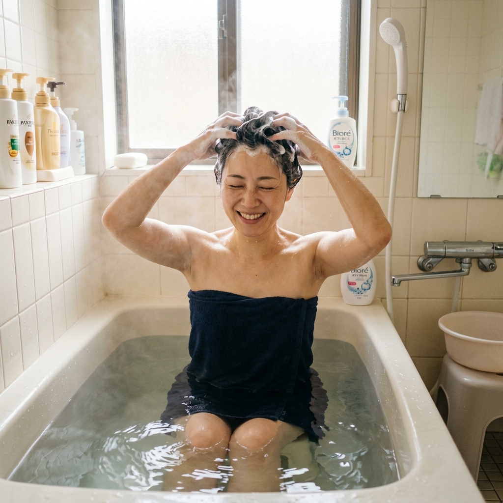 お風呂で頭皮マッサージをする女性