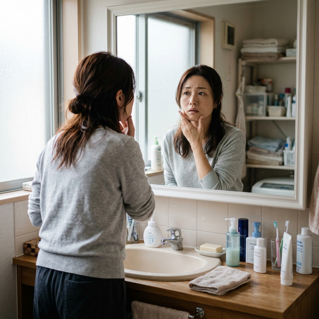 鏡の前で顔のたるみを気にする女性