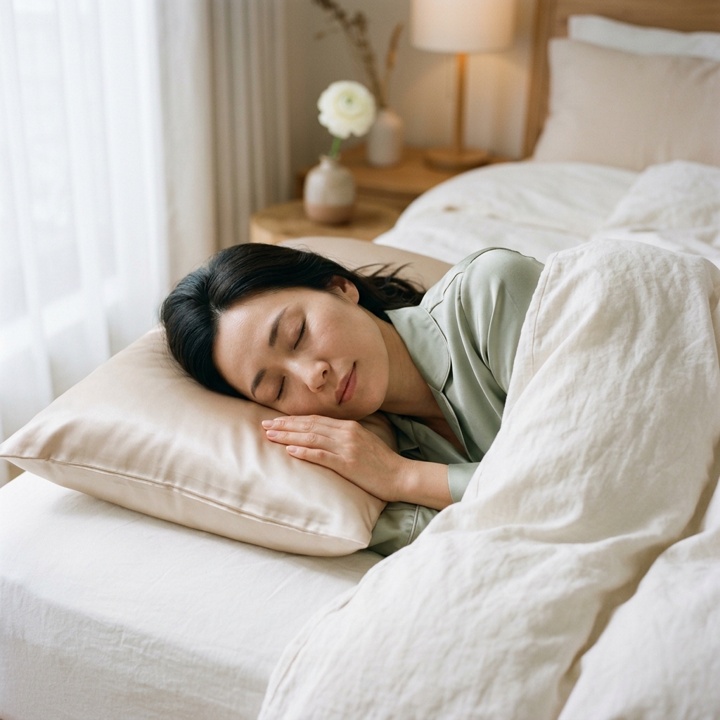 シルクの枕カバーで眠る女性