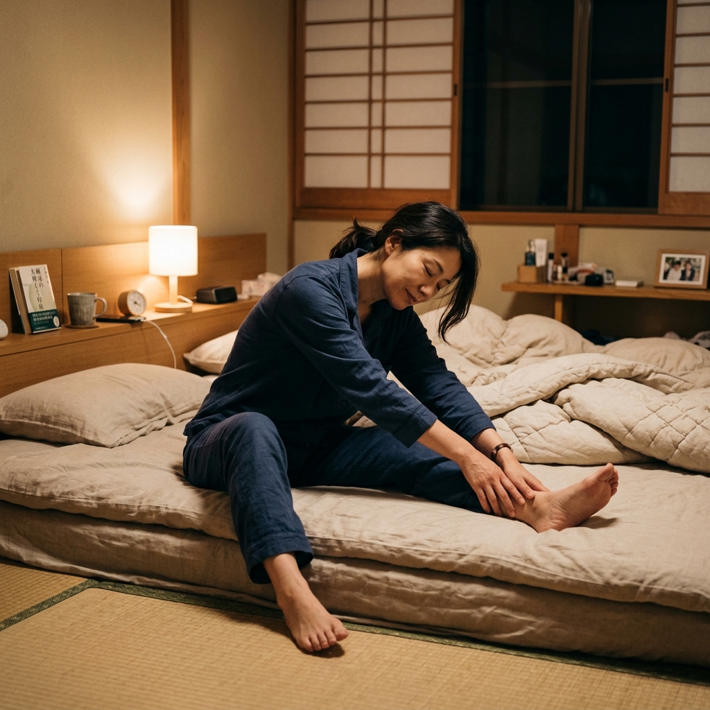 ベッドでストレッチする様子