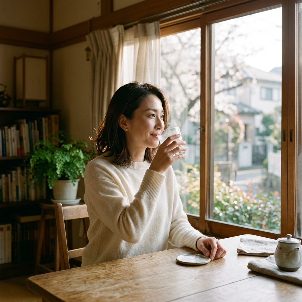 朝に白湯を飲む女性