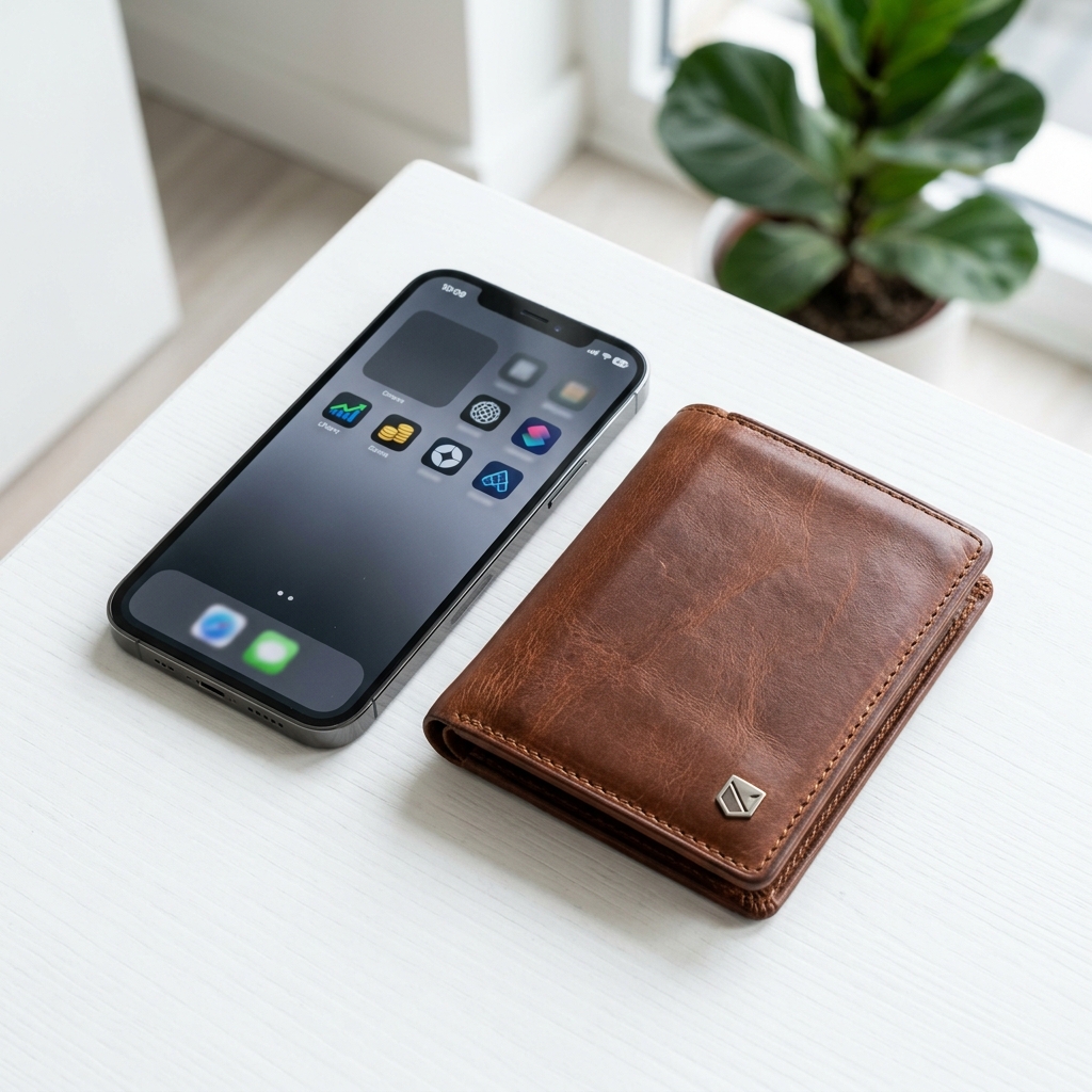 スマホと財布が並んだテーブル、節約のイメージ