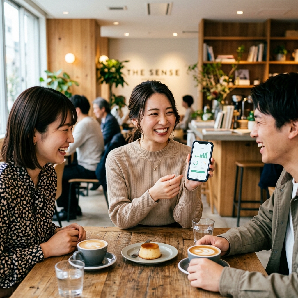 カフェで友達とスマホを見せ合いながら笑顔で話す女性