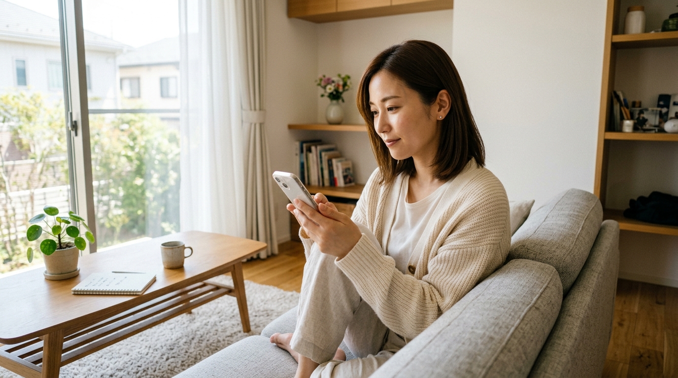 運動やスタジオ選びに悩み、スマートフォンで情報を調べている女性