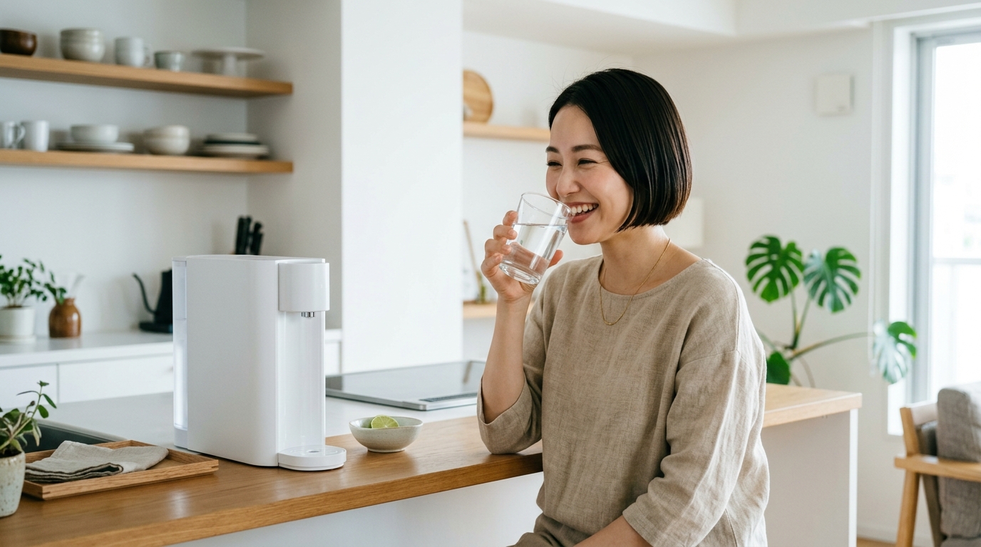 コンパクトでおしゃれな卓上型ウォーターサーバーから美味しい冷水をコップに注いで笑顔で飲む20代女性