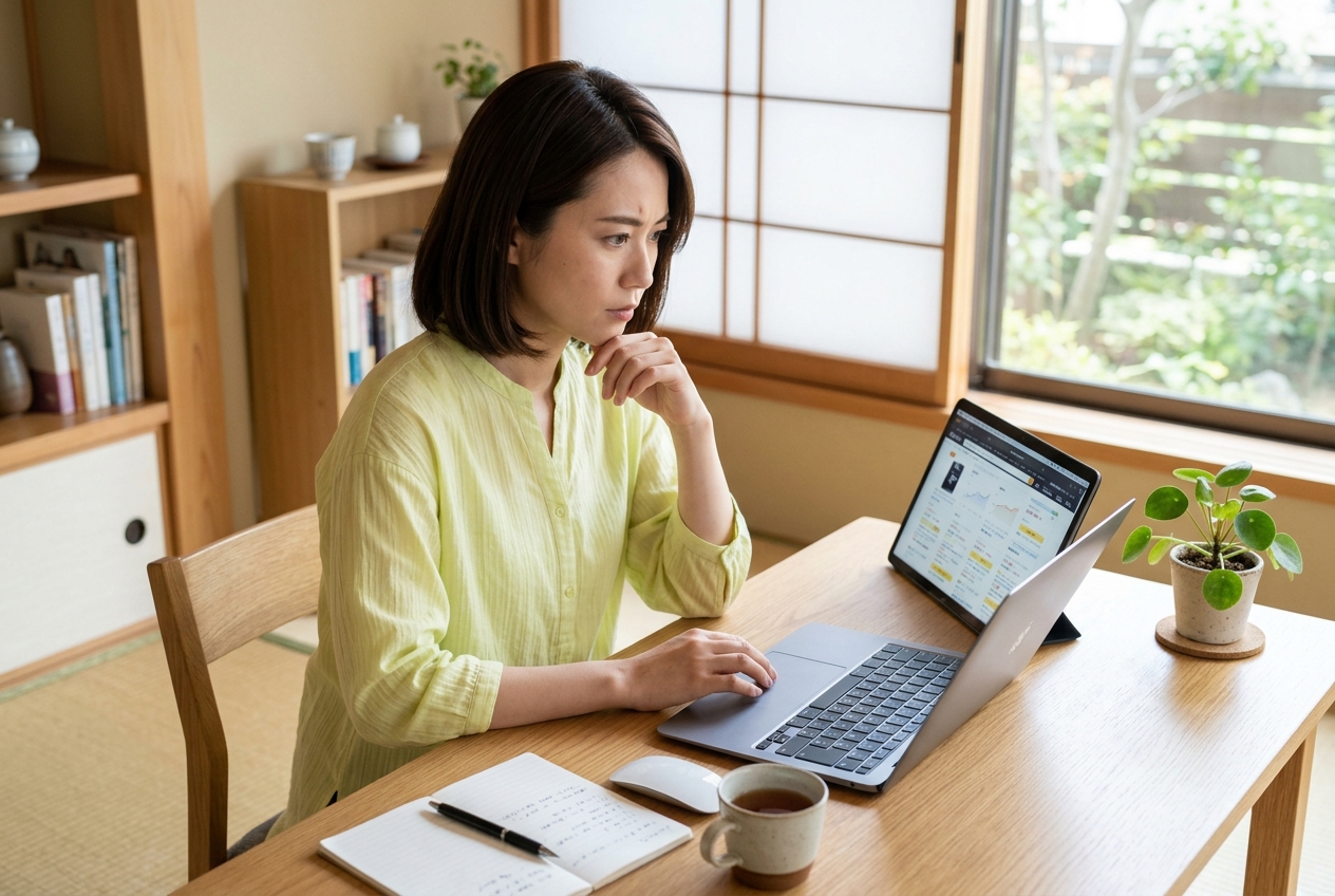 真剣に比較サイトを見つめる女性