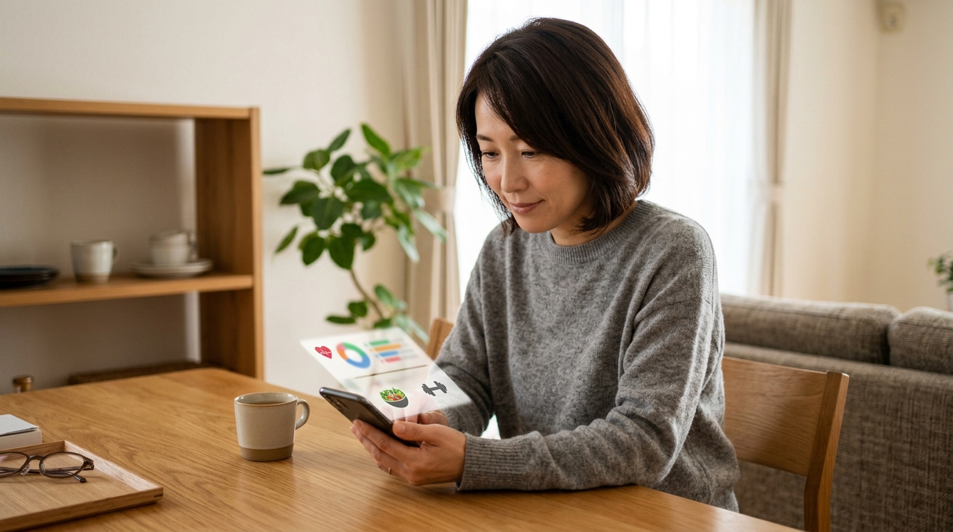 健康診断の結果とスマホを見る40代主婦の情景
