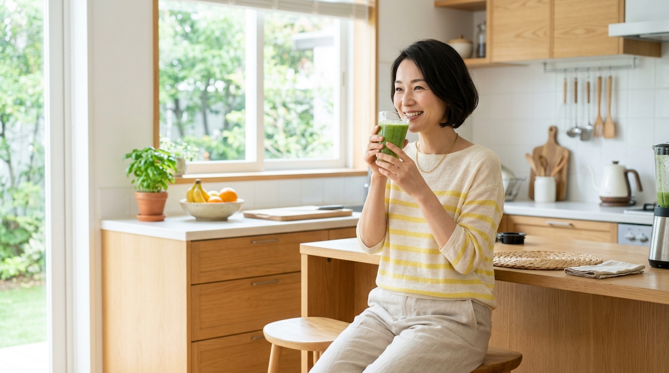 朝の光の入るキッチンでさわやかにスムージーを飲む女性