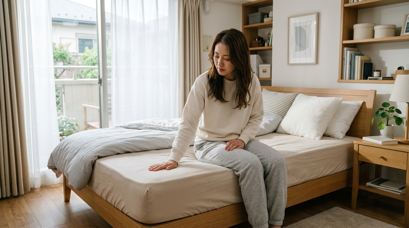 明るく清潔な寝室でリラックスする様子