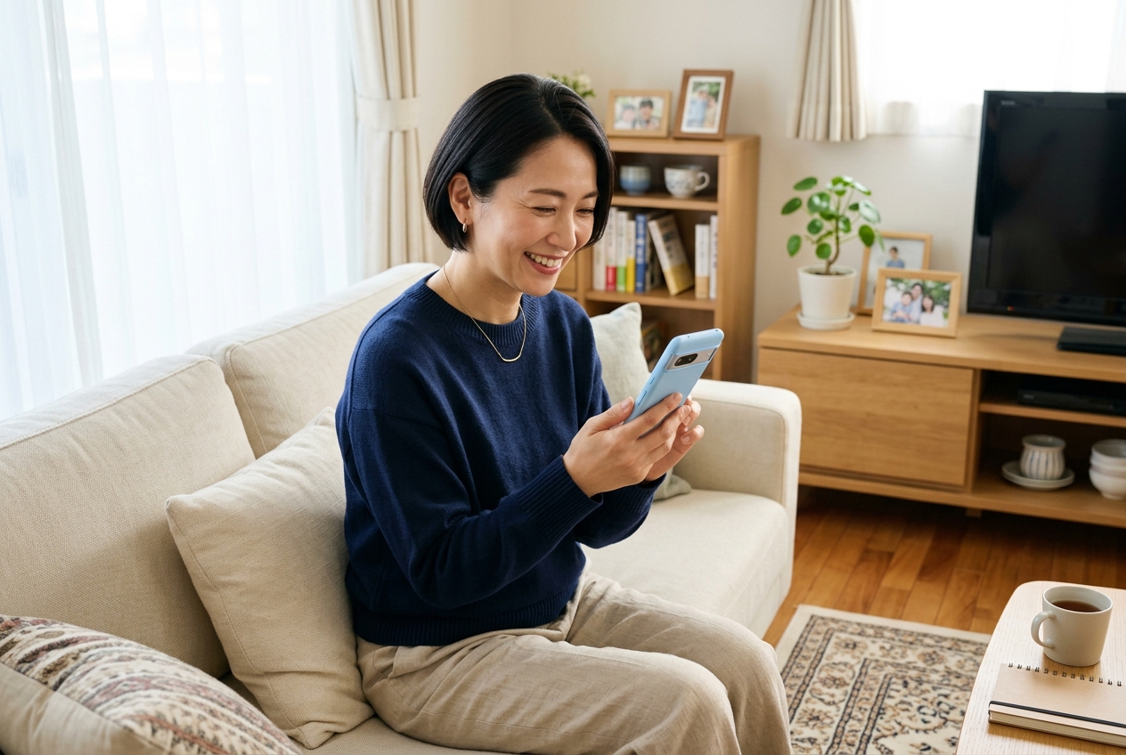 リビングのソファでくつろぎながらスマホで手続きをする女性