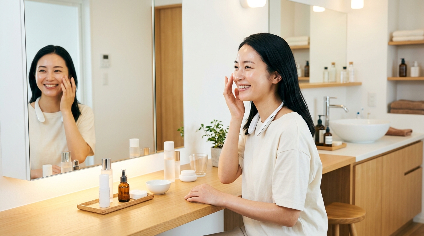 ソニー REON POCKETをお風呂上がりのスキンケアタイムに愛用する女性