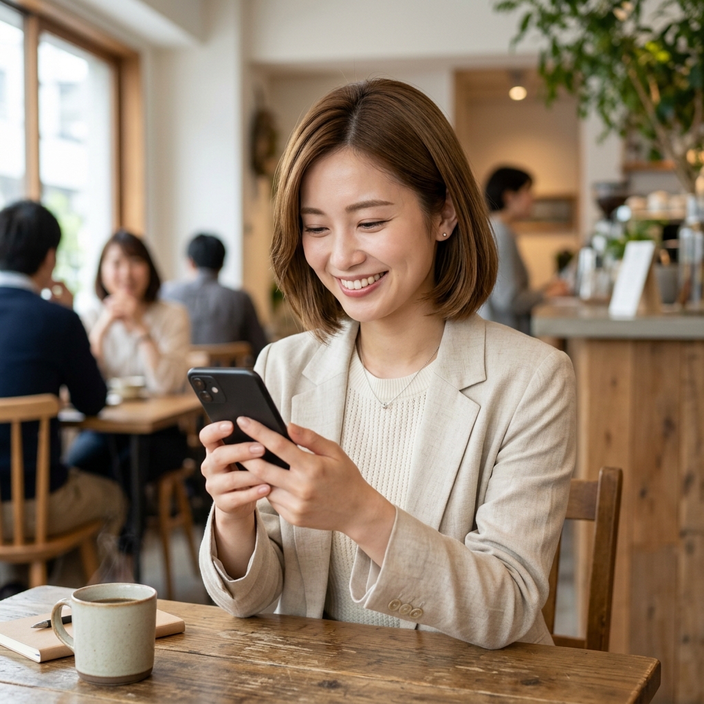 スマホでエステを予約して満足そうな様子