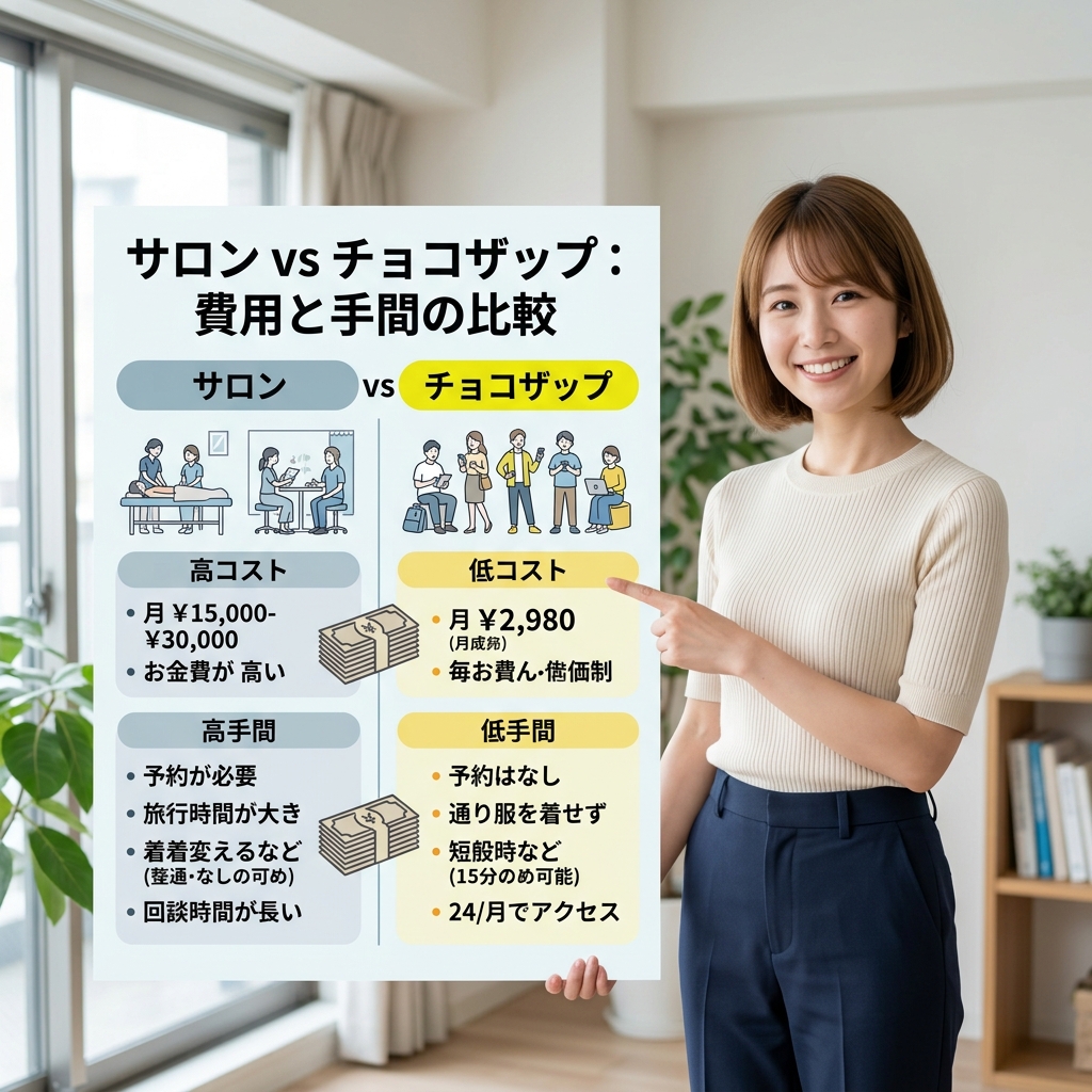 通常サロンとチョコザップの費用と手間の比較表