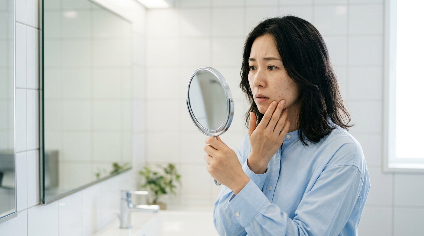 鏡を見て肌の状態を気にする女性