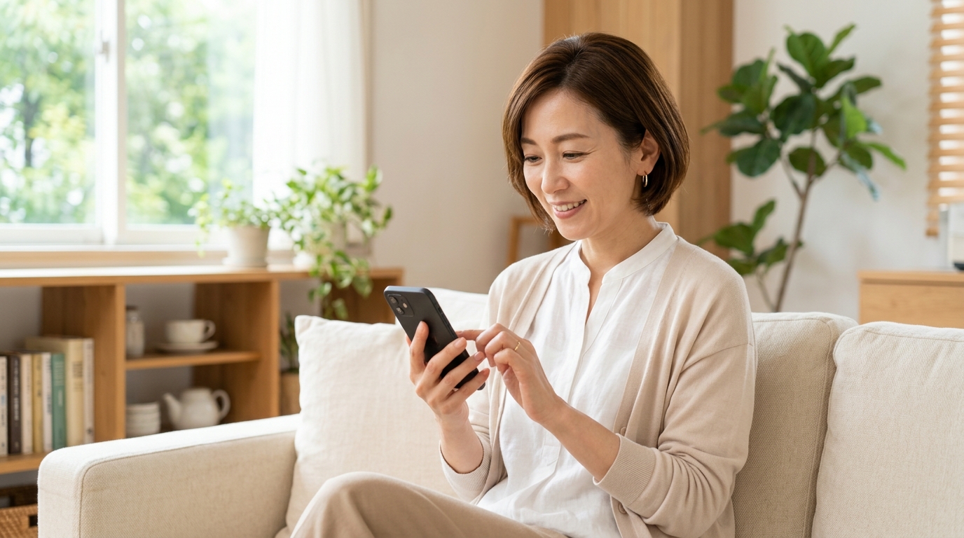 スマートフォンを操作する主婦