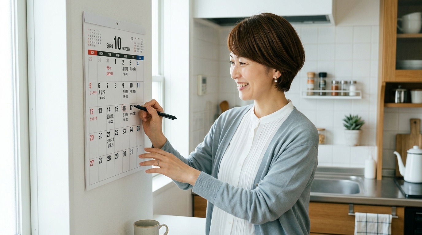 カレンダーを見てスケジュールを確認する主婦