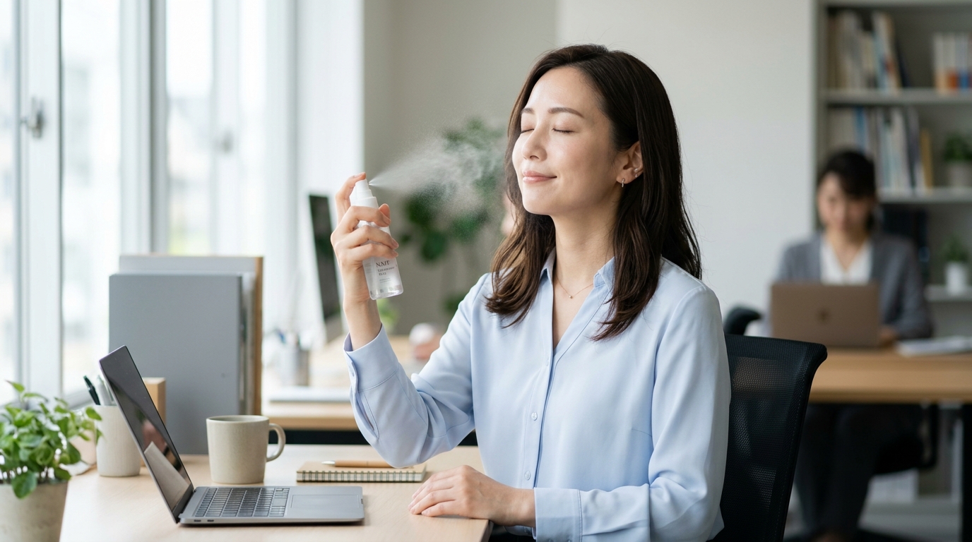 オフィスでミスト化粧水を使う女性