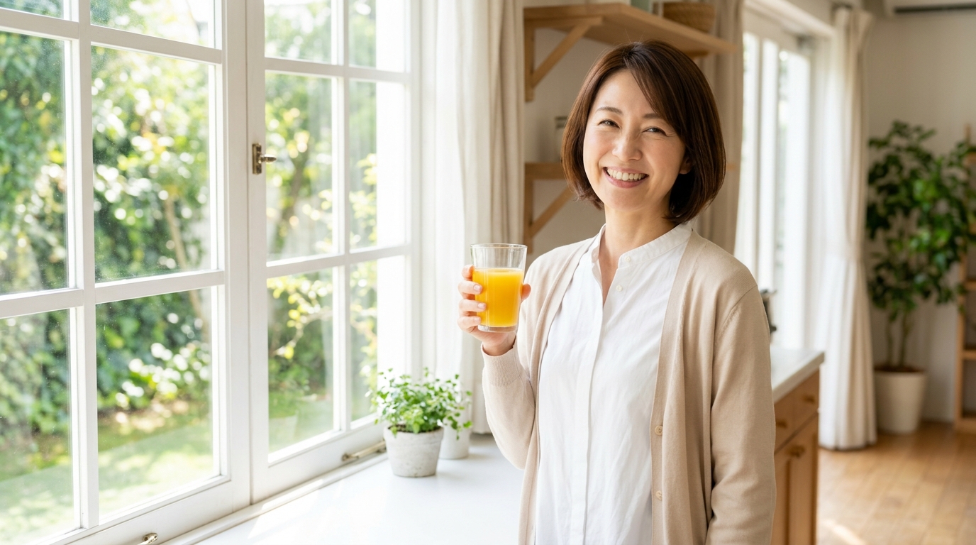 朝日の中でサジーを飲んで元気な主婦