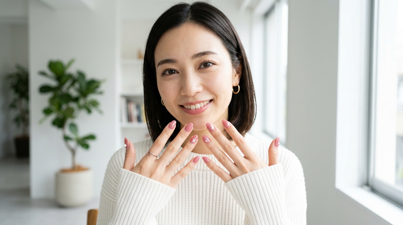 綺麗なネイルを見せて微笑む女性