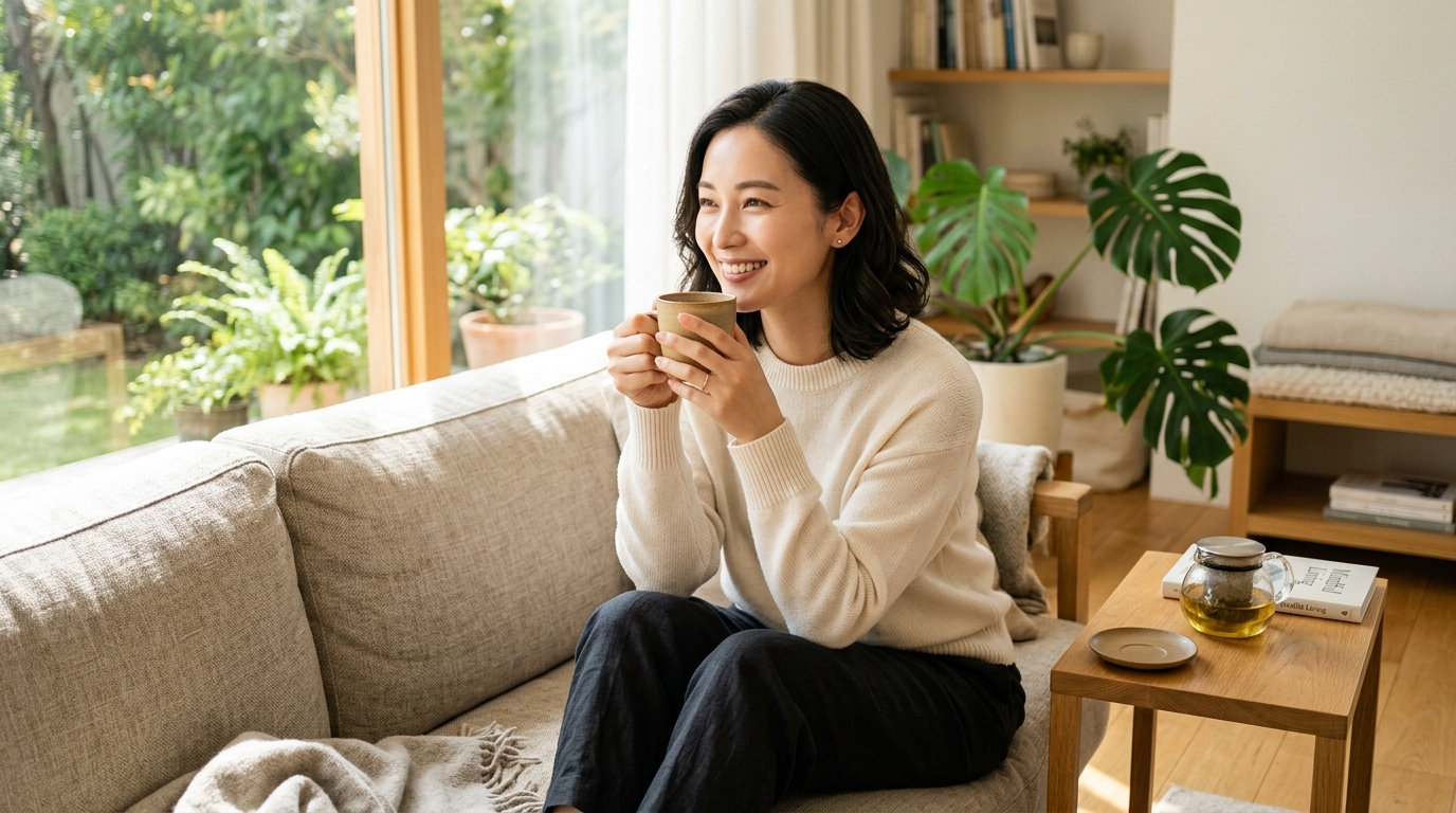 リラックスした部屋でハーブティーを飲み、穏やかに微笑む女性