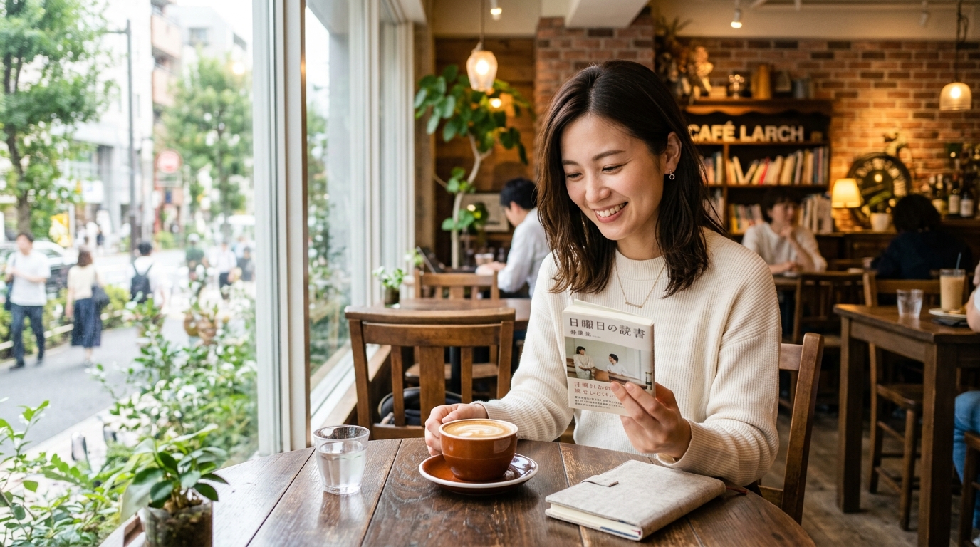 休日のカフェで本を読みながらリラックスして微笑む女性