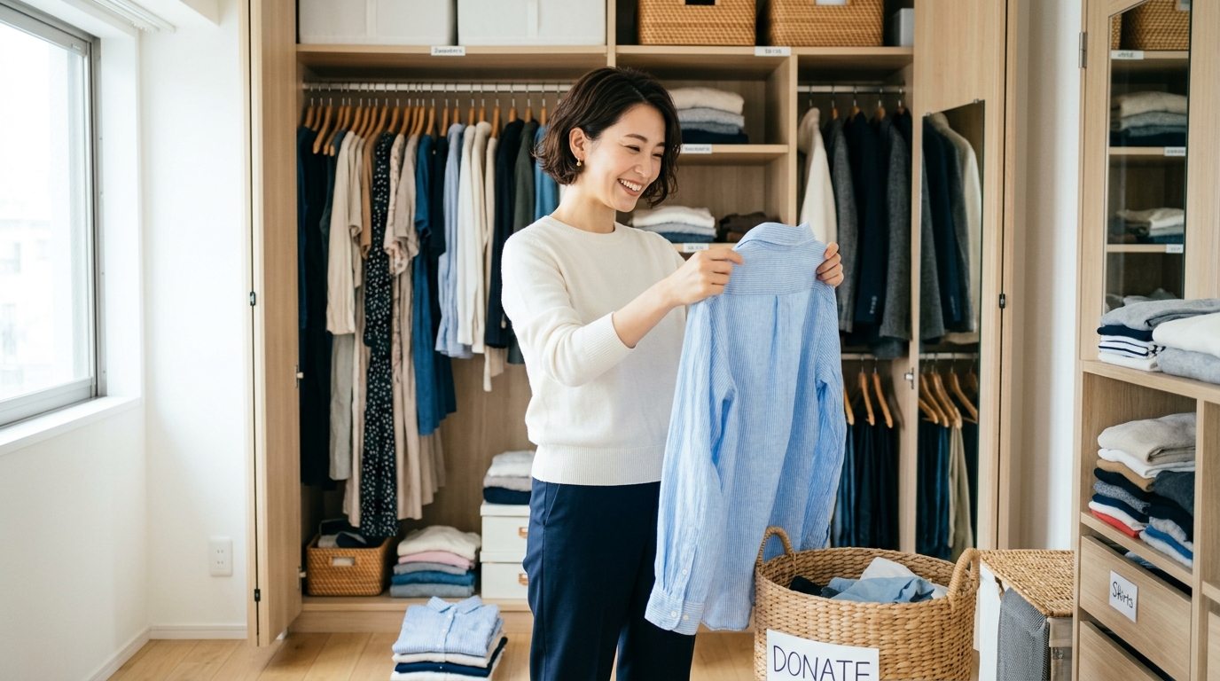 クローゼットの前で、古い服を整理してスッキリとした表情の女性