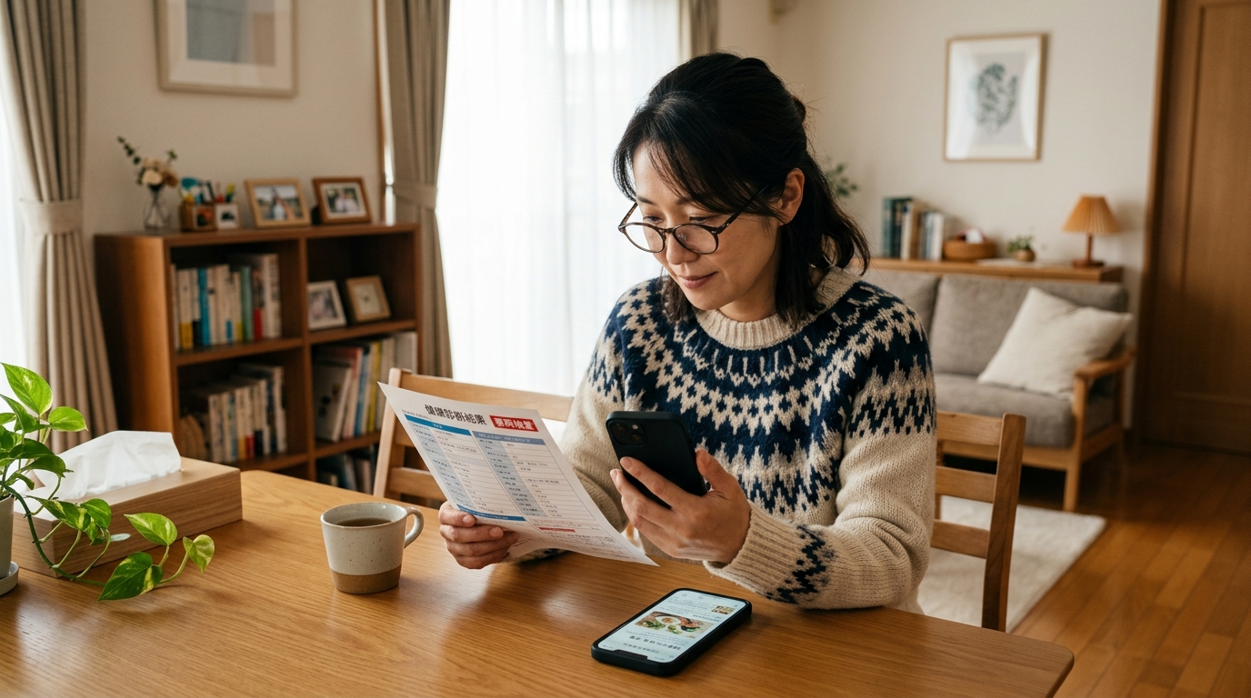 健康診断の結果を見て悩む40代女性