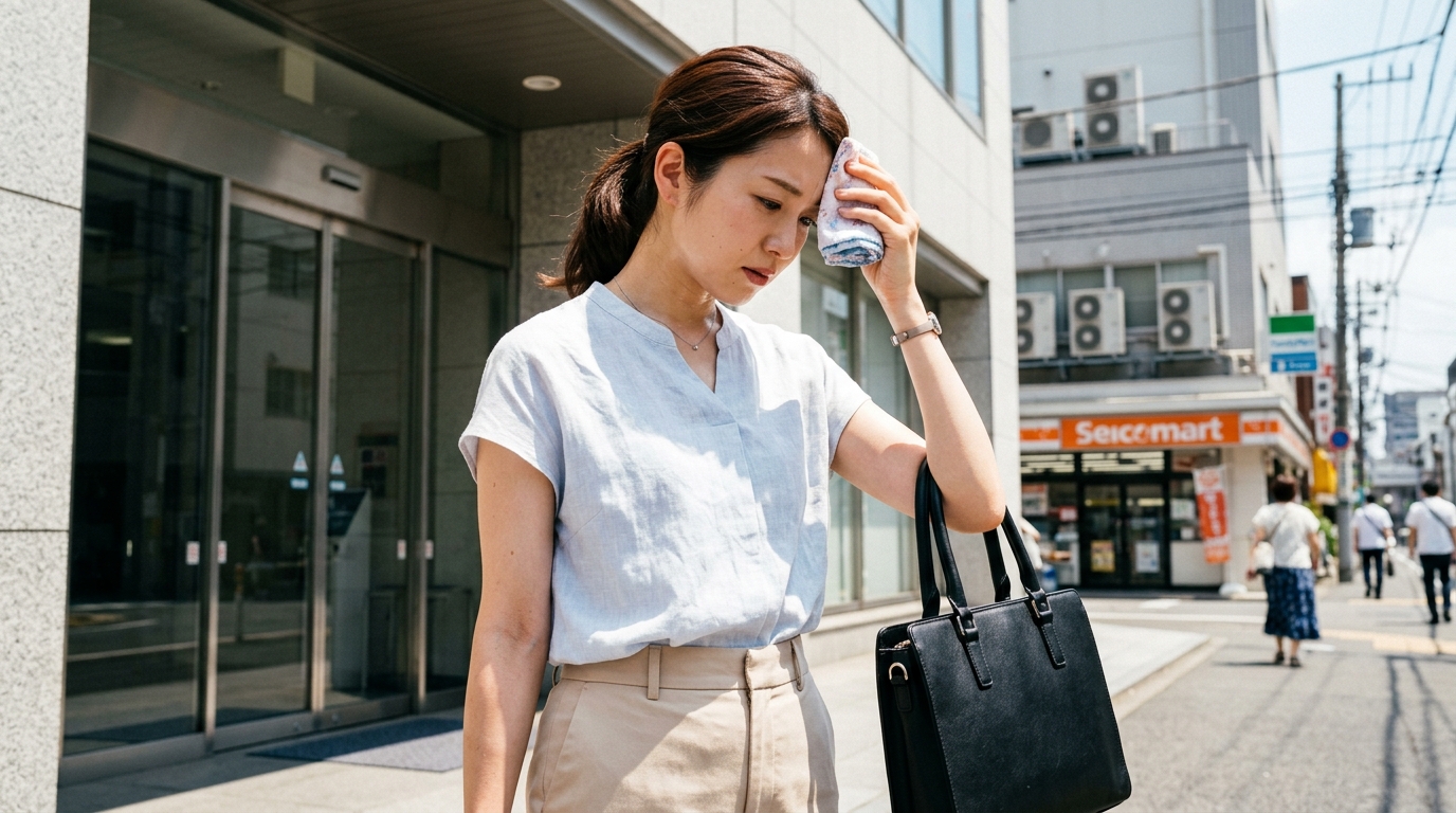 夏の暑さで汗を拭い、メイク崩れに悩む女性