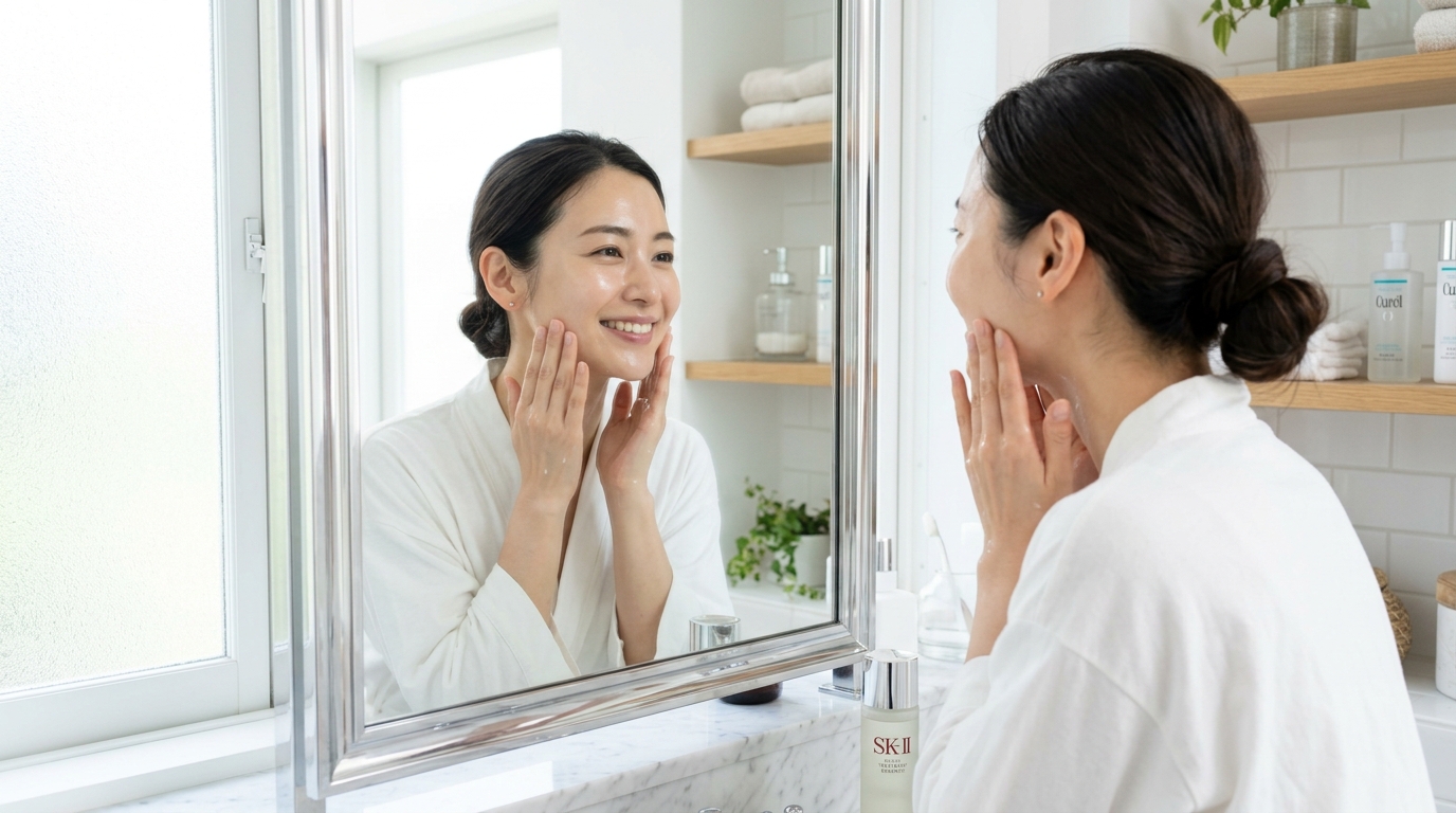 明るい洗面台で、鏡を見ながら丁寧にスキンケアをする女性